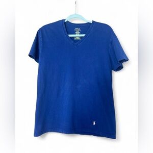Blue V-Neck Polo Shirt with Pink Logo Classic Fit, Likely Women’s/Unisex Medium